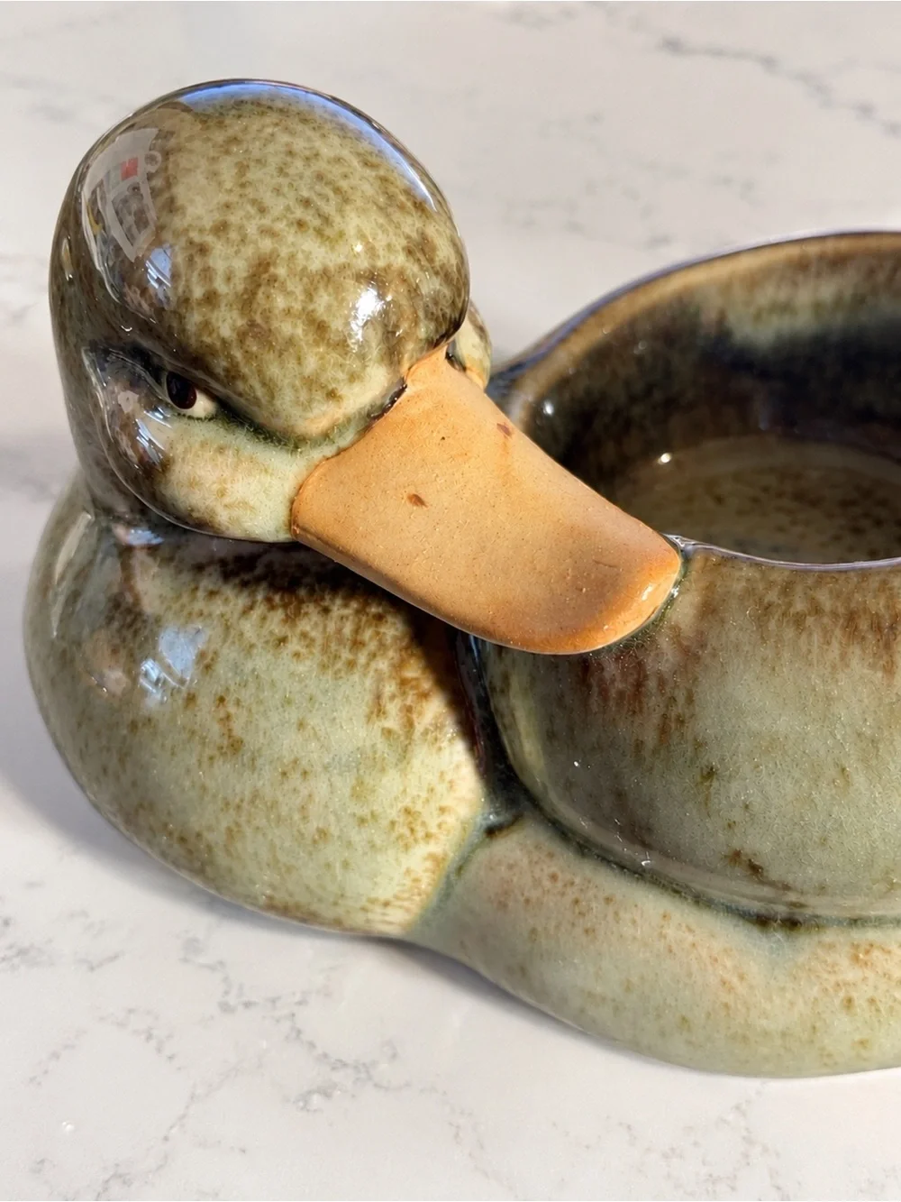 Ceramic Duck Candle Holder Green Brown Glazed Farmhouse Decor